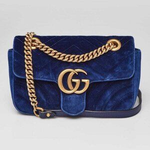 Gucci Blue Quilted Velvet GG Marmont Mini Shoulder Bag